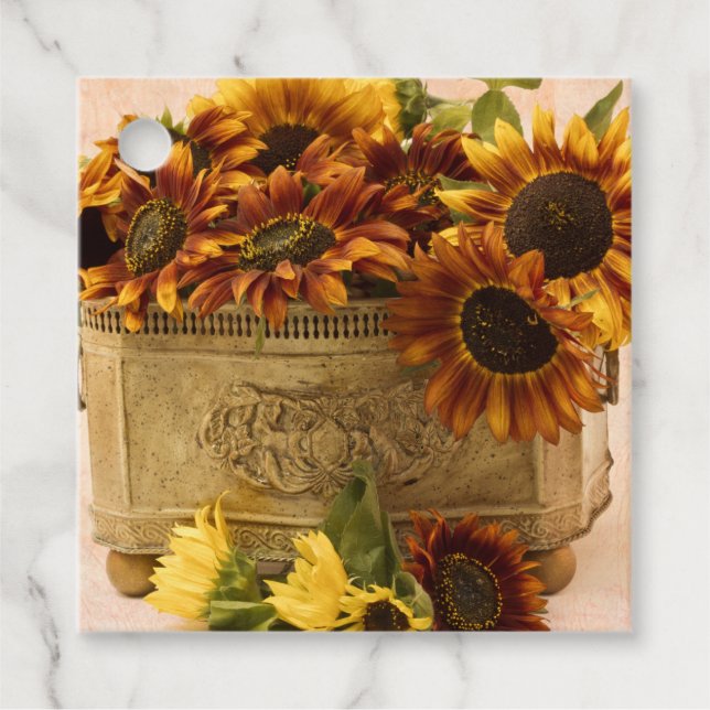 Orange Solblommor i Tin Basket Gåvor Etiketter (Framsida)