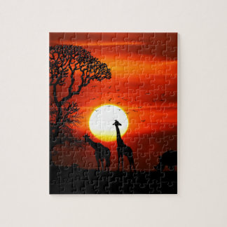 Orange solnedgång i Silhouette för afrikaw-giraff Pussel
