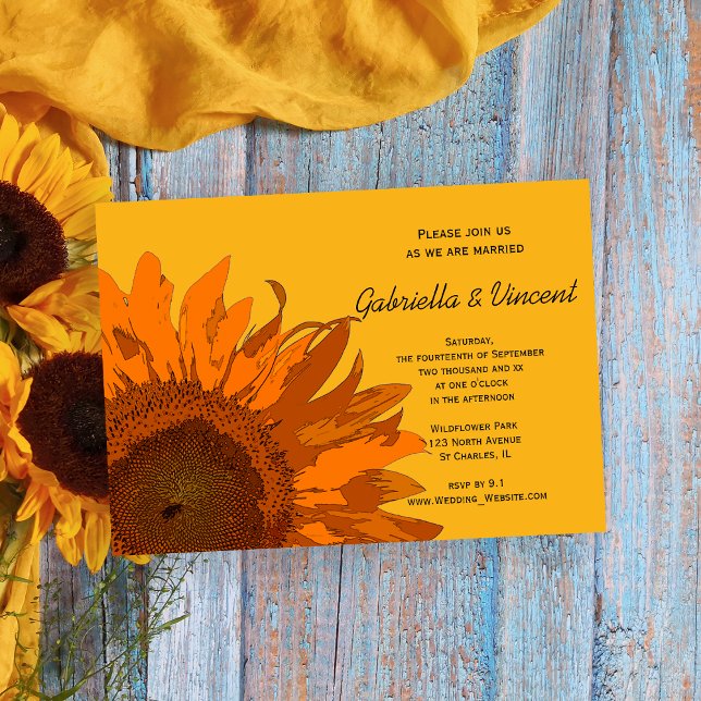 Orange Solros på Gult Bröllop Inbjudningar (Invite guests to your summer or fall marriage with the Orange Sunflower Wedding Invitation.)