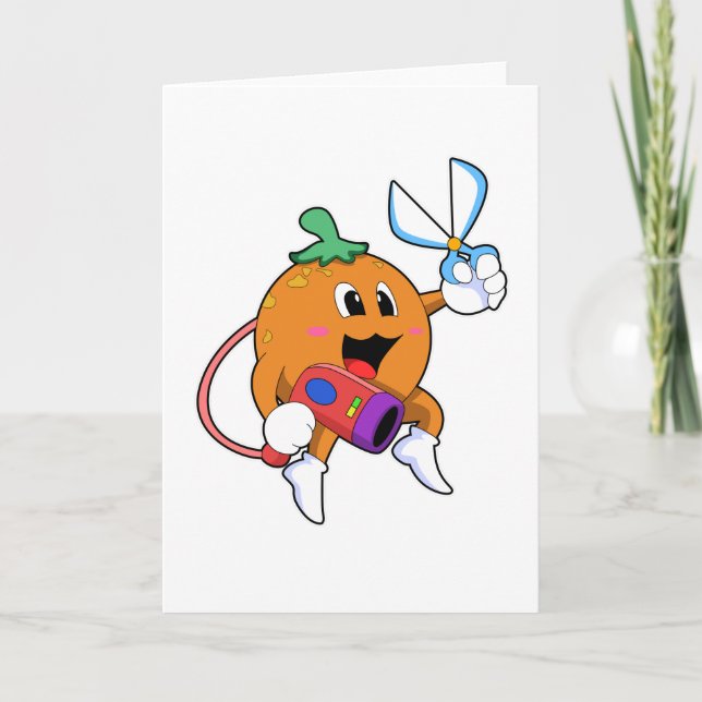 Orange som frisör med sax och hårtork kort (Framsida)