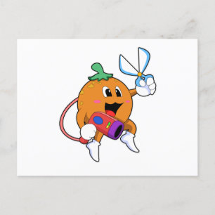 Orange som frisör med sax och hårtork vykort