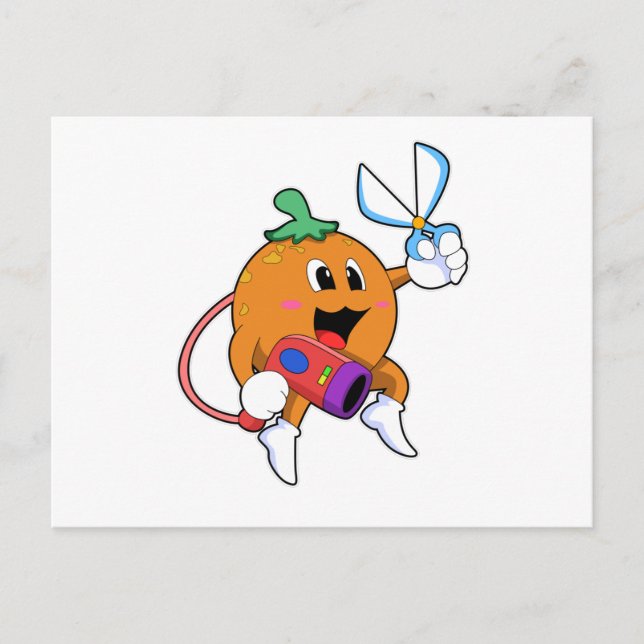 Orange som frisör med sax och hårtork vykort (Framsida)
