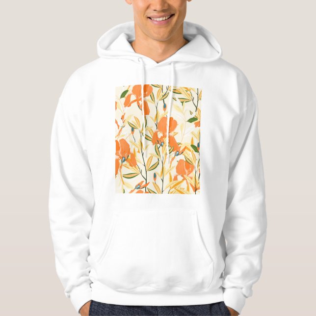Orange: sömlöst blommönster hoodie (Framsida)