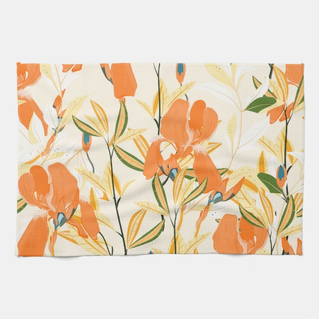 Orange: sömlöst blommönster kökshandduk (Horisontell)