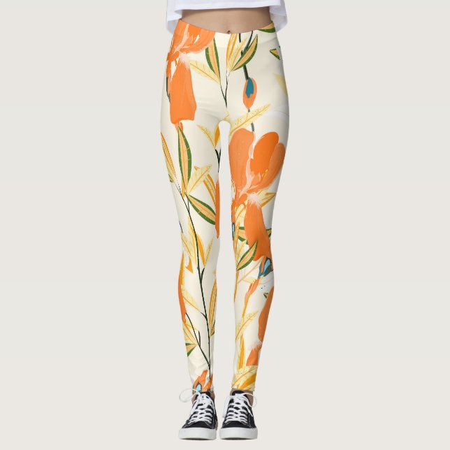 Orange: sömlöst blommönster leggings (Framsida)