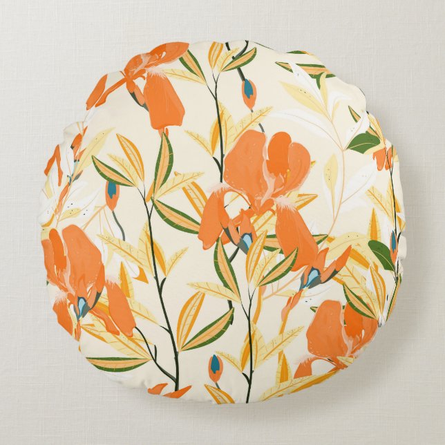 Orange: sömlöst blommönster rund kudde (Framsidan)