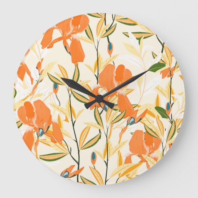 Orange: sömlöst blommönster stor klocka (Framsida)