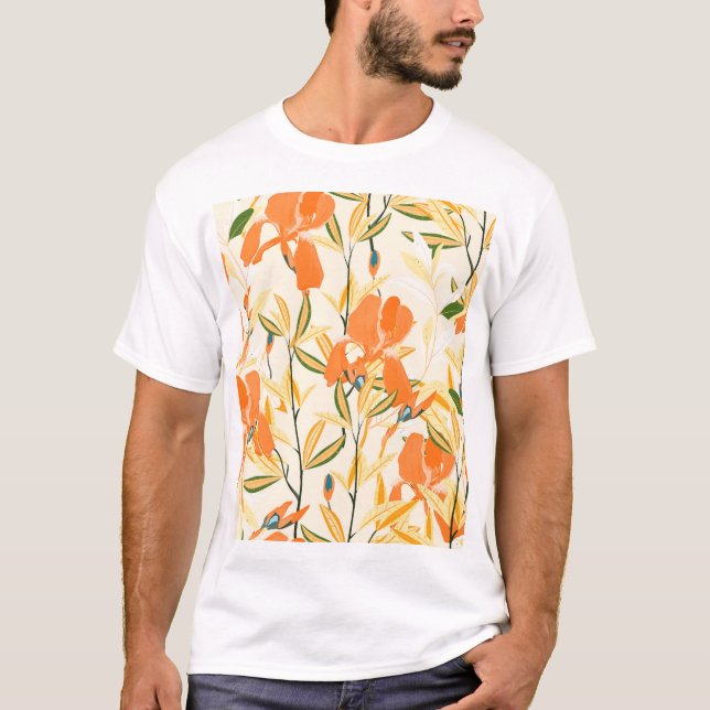 Orange: sömlöst blommönster t shirt (Framsida)