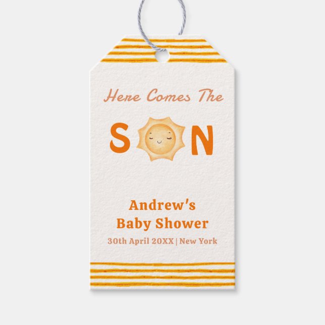 Orange Söt Här Kommer Sonen Baby Shower Presentetikett (Framsidan)