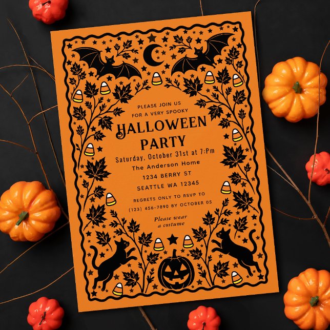 Orange Spooky Folk Art Fladdermus & Katt Halloween Inbjudningar (Skapare uppladdad)