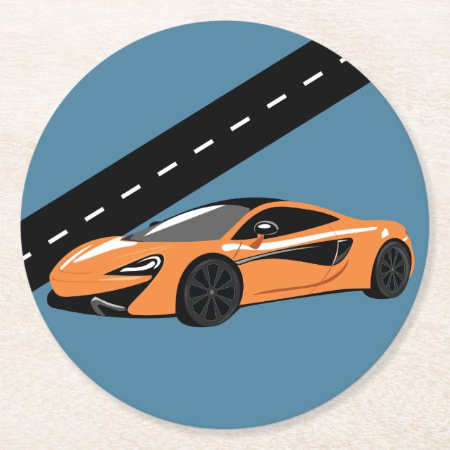 Orange sportbil underlägg papper rund (Framsidan)