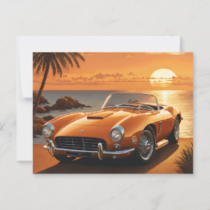 Orange Sportscar Sunset Tropical Beach Vykort
