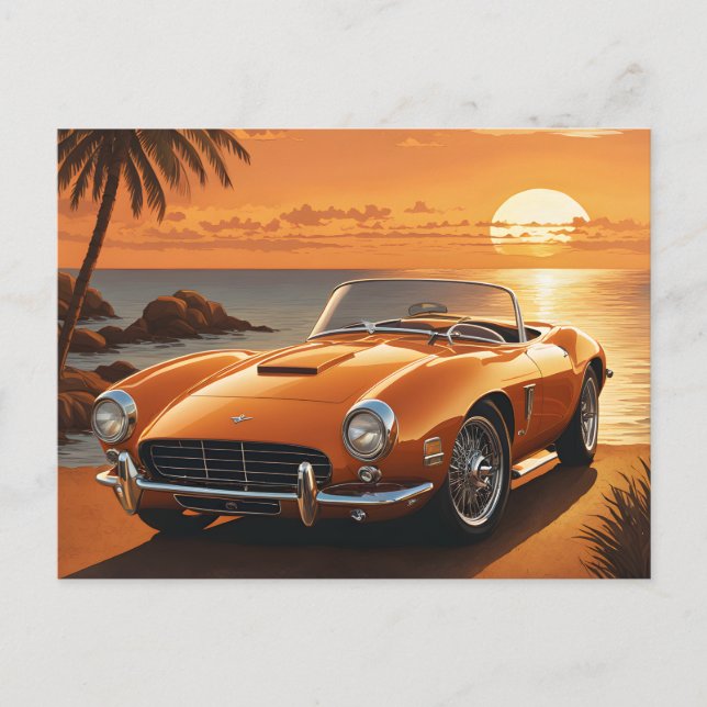 Orange Sportscar Sunset Tropical Beach Vykort (Framsida)