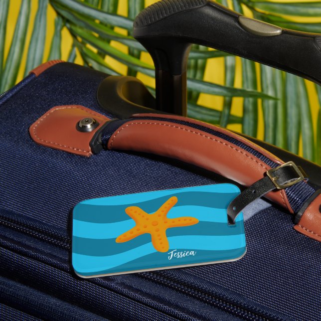Orange Starfish Blue Waves Luggage Tag Bagagebricka (Framsida Insitu 3)