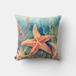 Orange Starfish Watercolor Ocean Kusten Kudde