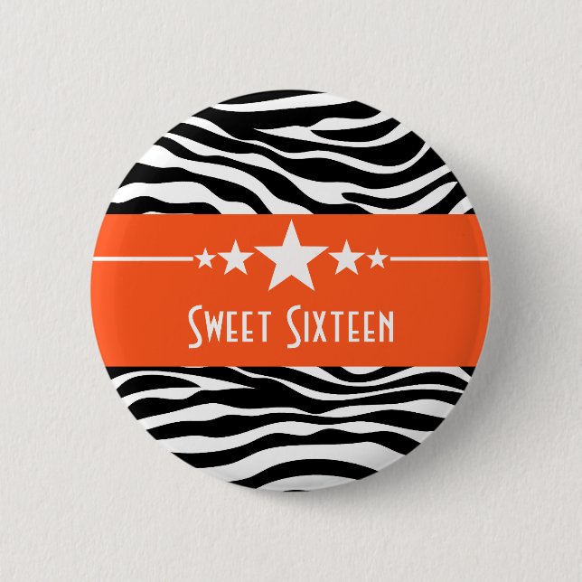 Orange Stars Zebra tryck Sweet 16 Button Knapp (Framsida)