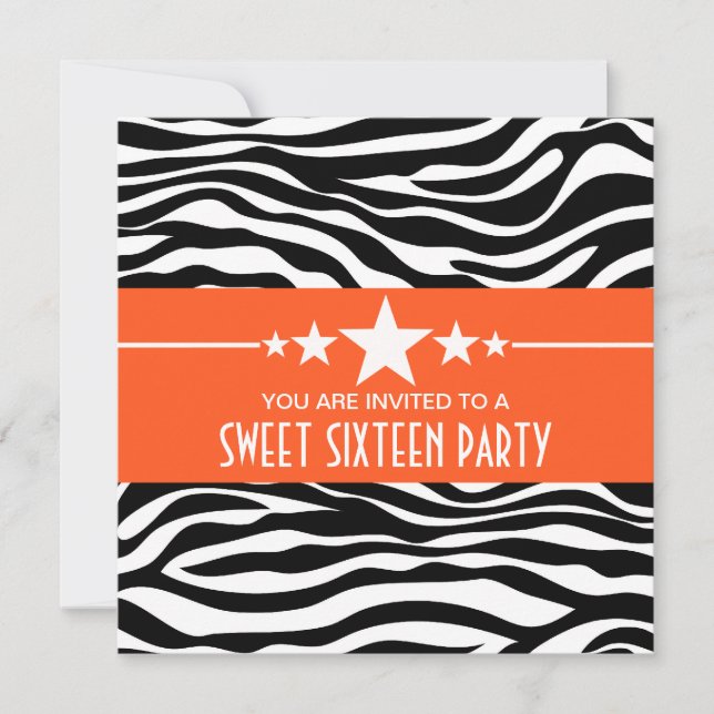 Orange Stars Zebra tryck Sweet 16 Inbjudan (Framsida)