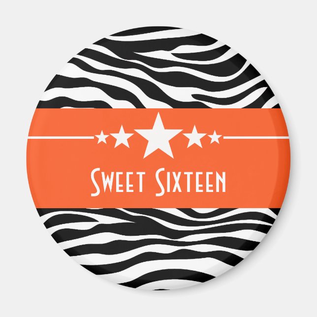 Orange Stars Zebra tryck Sweet 16 Magnet (Framsidan)