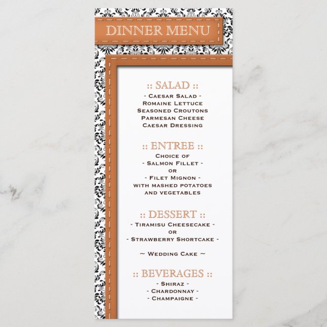 Orange Stitched Damask Wedding Reception Meny (Framsida)
