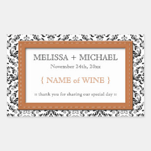 Orange Stitched Damask Wedding Vin-etiketter Rektangulärt Klistermärke
