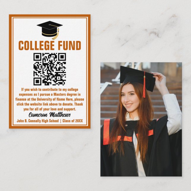 Orange Student Photo College Fund QR-kod Tilläggskort (Fram/baksida)