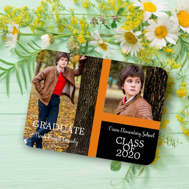 Orange Student Simple Two Photos Studenten Magnet (Minimalist Graduate Simple Two Photos Graduation Keepsake.)