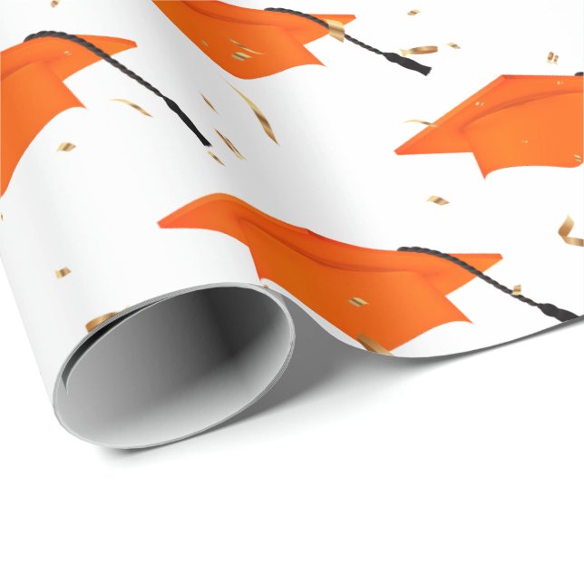 Orange Studentmössor och Guld-konfetti Presentpapper (Rullad Hörn)