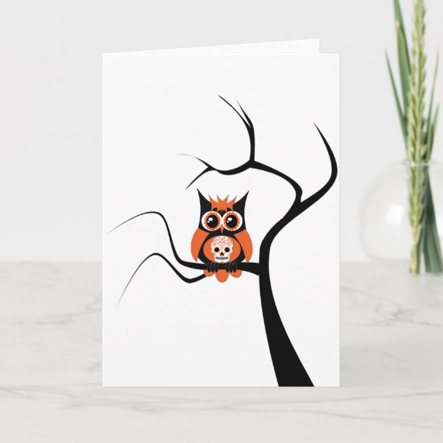 Orange Sugar Skull Uggla i Träd-kort Helgkort (Framsida)