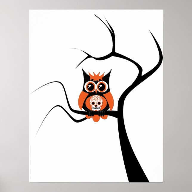 Orange Sugar Skull Uggla i Träd Poster (Framsidan)