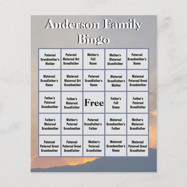 Orange Sunset and Mountain Family Photo Bingo (Framsida)