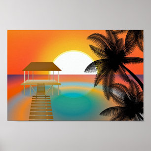 Orange Sunset Beach med Handflatan Träd Hut Poster