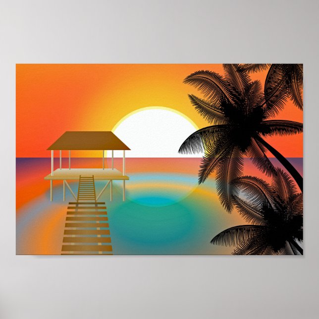 Orange Sunset Beach med Handflatan Träd Hut Poster (Framsidan)
