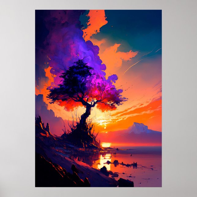 Orange Sunset Himlar över vatten med Lila Träd Poster (Framsidan)