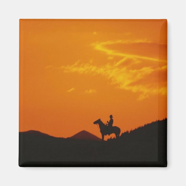 Orange Sunset med Cowboy Silhouette Magnet (Framsidan)