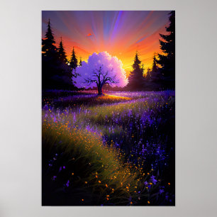 Orange Sunset och den graciske Sakura Träd Poster