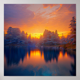 Orange Sunset vid Lugnen Forest Sjö Poster