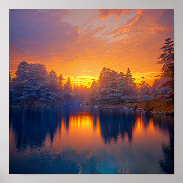 Orange Sunset vid Lugnen Forest Sjö Poster (Framsidan)