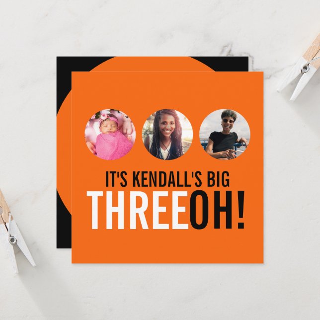 Orange svart 30:e THREEOH! fotofödelsedag inbjudan (Fram/Back In Situ)
