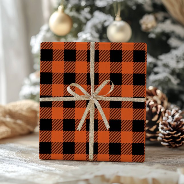 Orange Svart Buffalo Rutig Gingham Presentpapper (Skapare uppladdad)