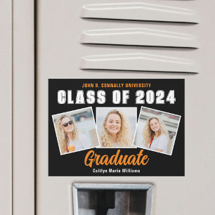 Orange Svart Examen Foto Collage Magnet Kort