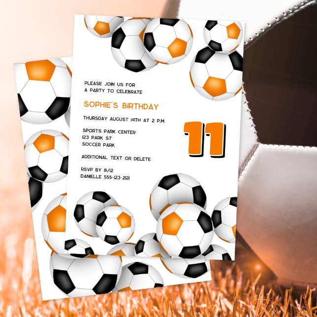 orange Svart fotbollar flickor pojkar födelsedag Inbjudningar (Skapare uppladdad)