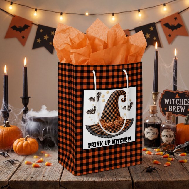 Orange & Svart Gingham Halloween Häxa Hatt & Fladd (Skapare uppladdad)