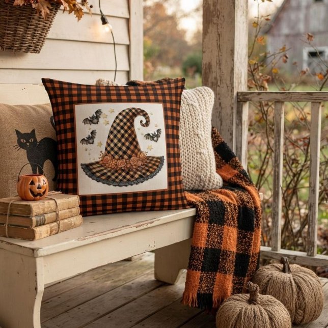 Orange & Svart Gingham Halloween Häxa Hatt & Fladd Kudde (Skapare uppladdad)