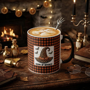 Orange & svart Gingham Halloween Häxa Hatt & Fladd Mugg