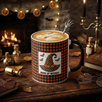 Orange & svart Gingham Halloween Häxa Hatt & Fladd Mugg