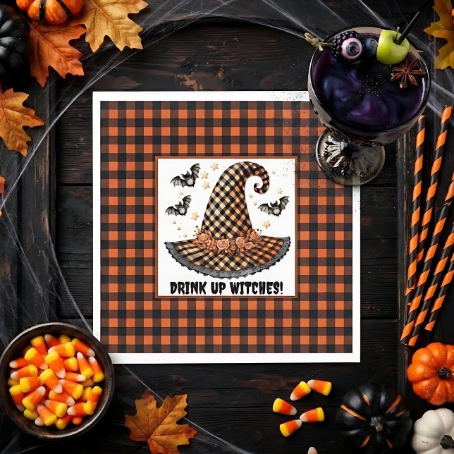 Orange & Svart Gingham Halloween Häxa Hatt & Fladd Pappersservett (Skapare uppladdad)
