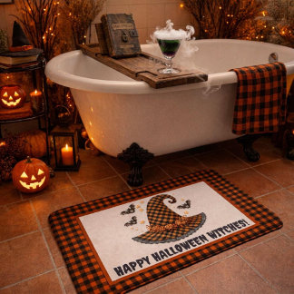 Orange & Svart Gingham Halloween Häxa Hatt Välkomm Badrumsmatta