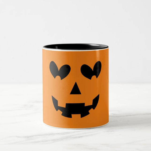 Orange & Svart Glad Hjärtpumpa Halloween  Två-Tonad Mugg (Center)