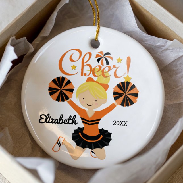 Orange & Svart Glada Blond Cheerleader Ornament (Skapare uppladdad)