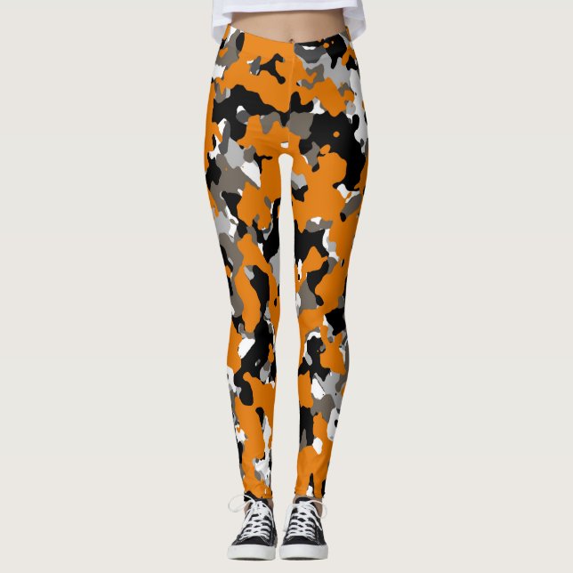 Orange Svart Grå Tan Kamouflage Kamouflageutskrift Leggings (Framsida)